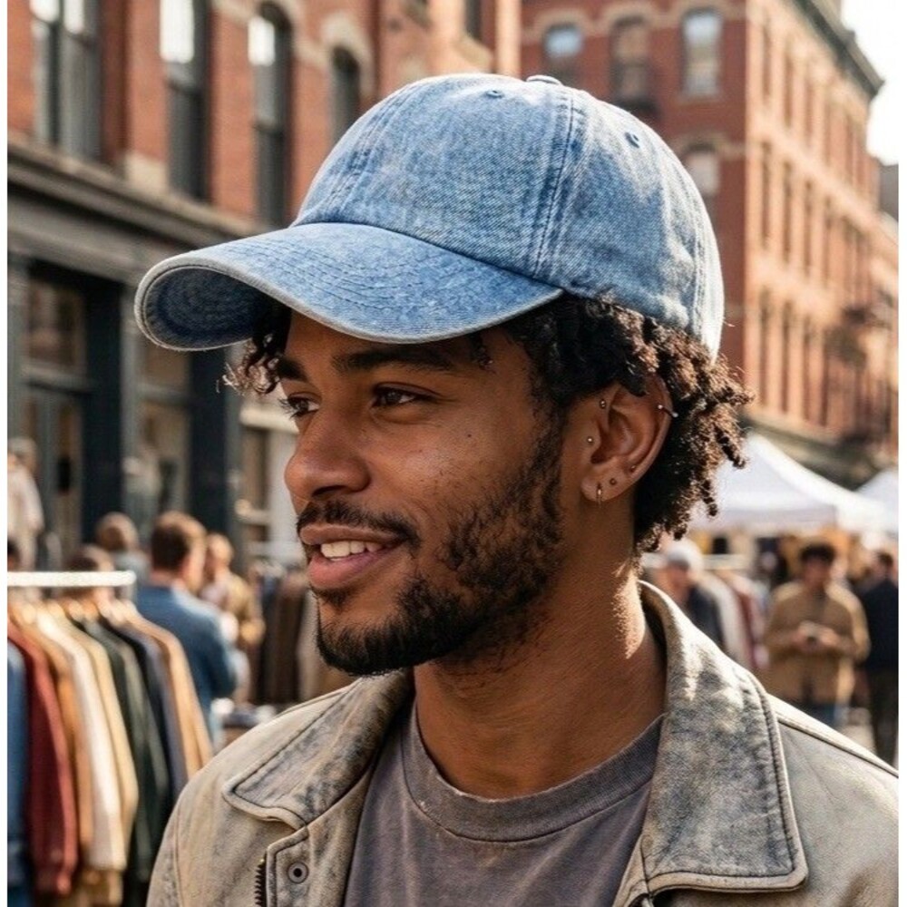 Ethos Denim Baseball Cap Hat Blue Acid Wash Adjustable Brass Buckle NWT KB-LOW